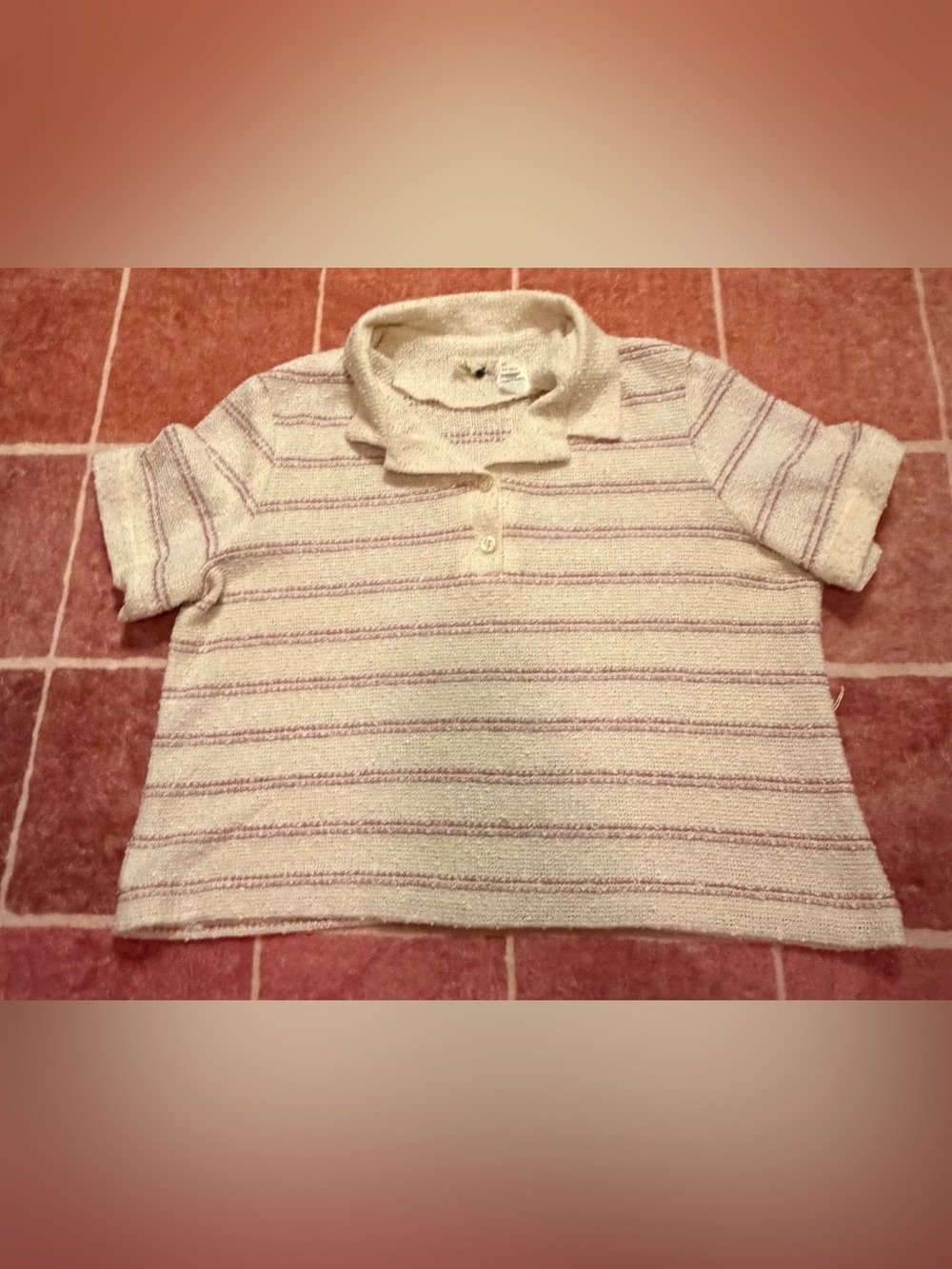 Vintage Cream Crop Polo Top with Pink Stripes